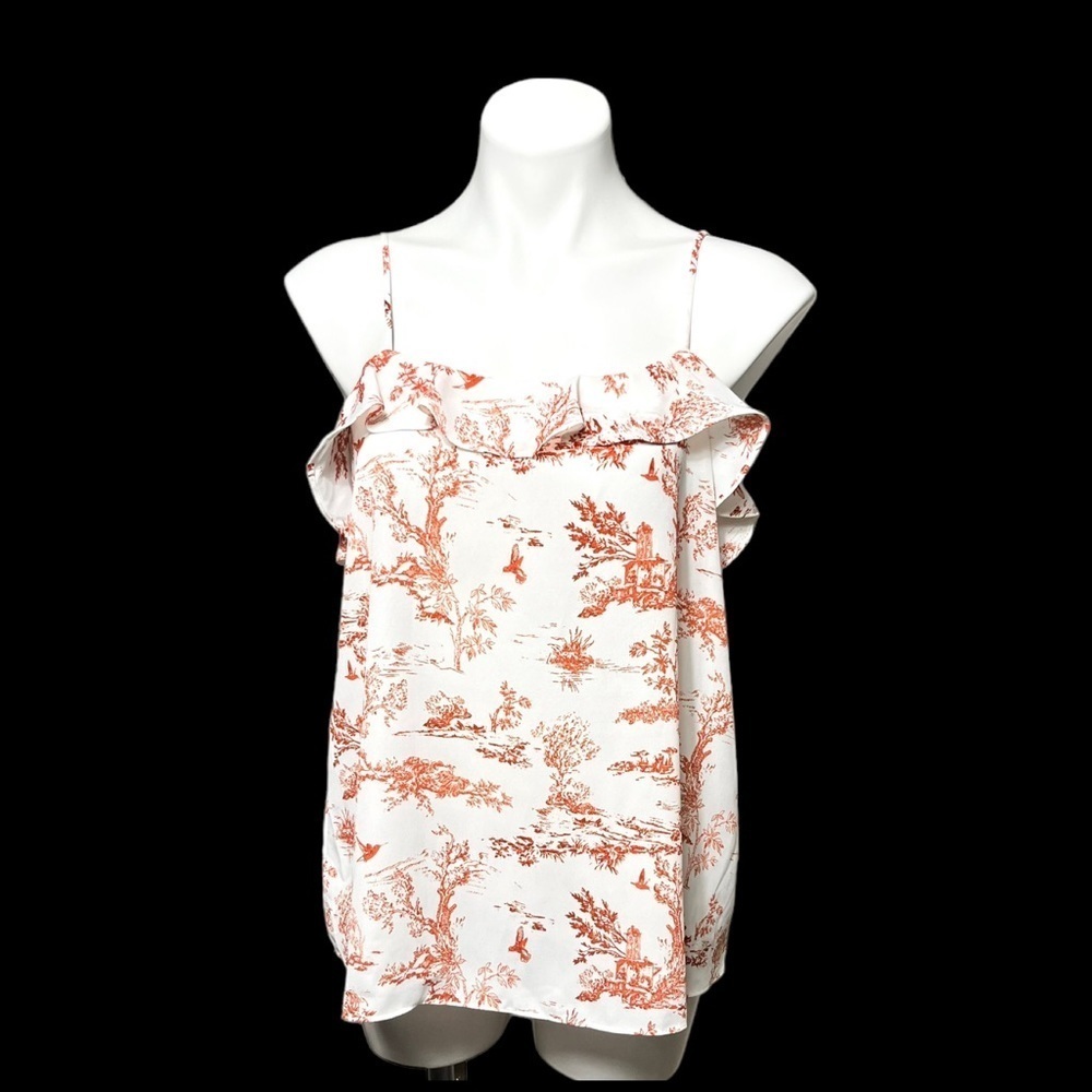 Bar III Printed Toile Ruffled Camisole Top Size Large White/Burnt Orange